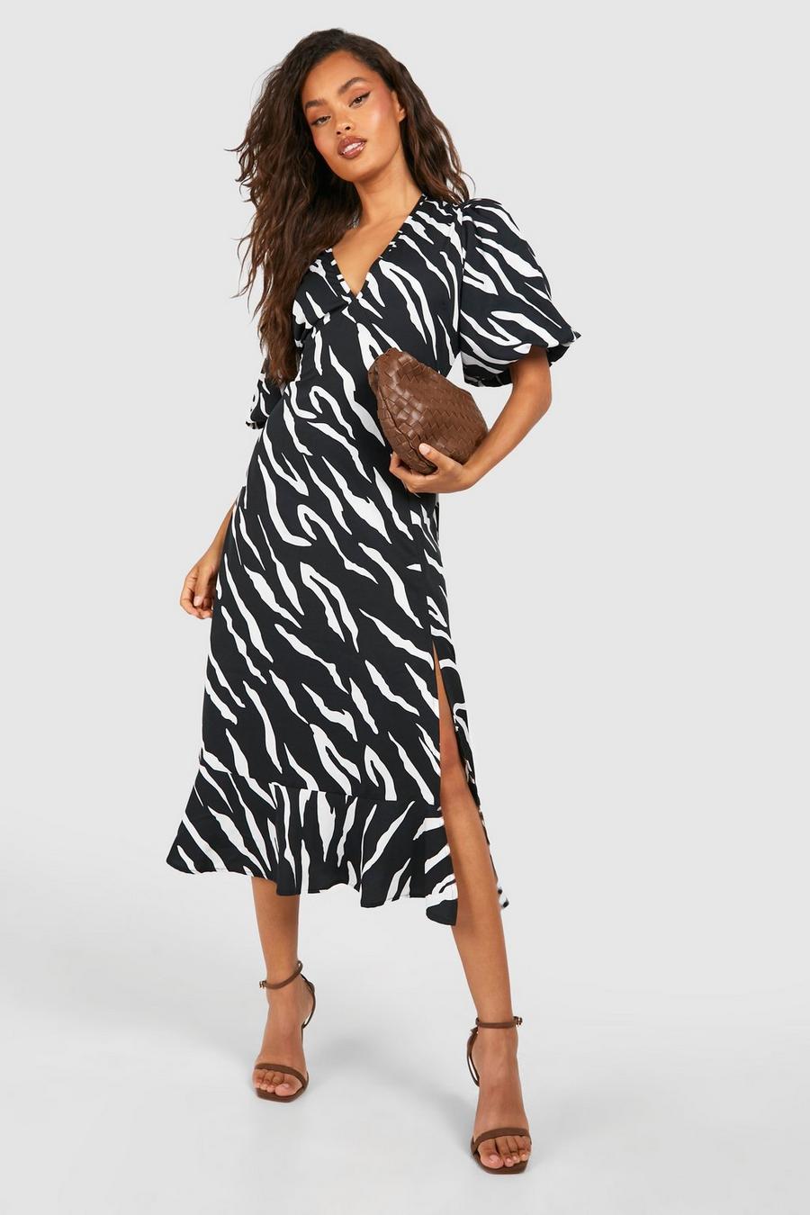 Black Zebra Wrap Midi Dress