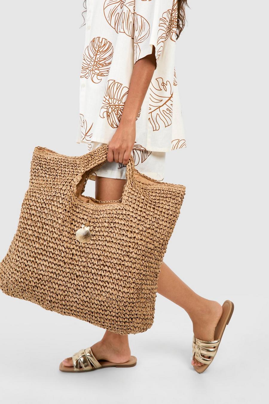 Natural Shell Trim Oversized Straw Beach Bag image number 1