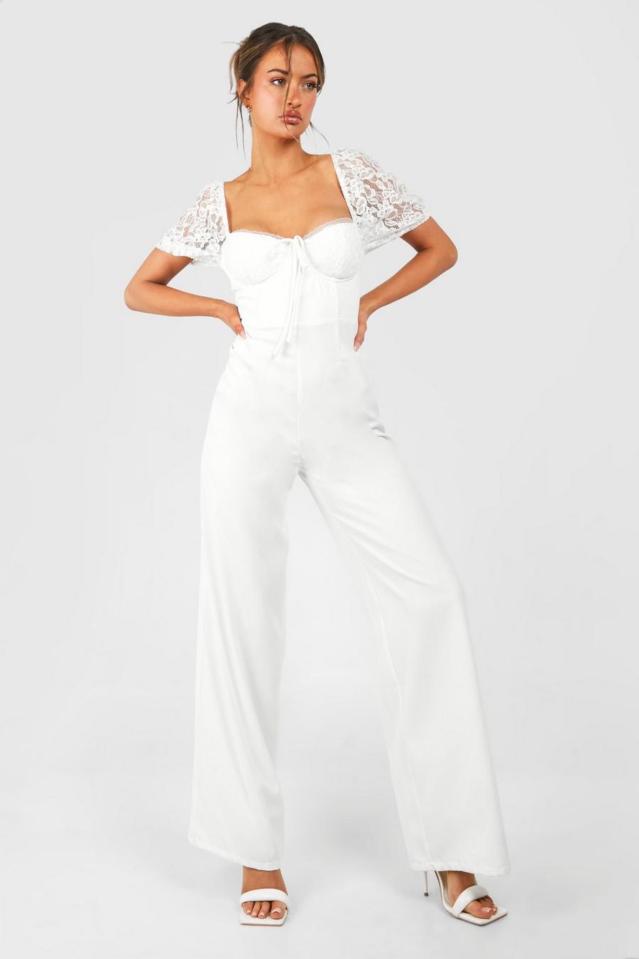 White Lace Puff Sleeve Jumpsuit image number 1