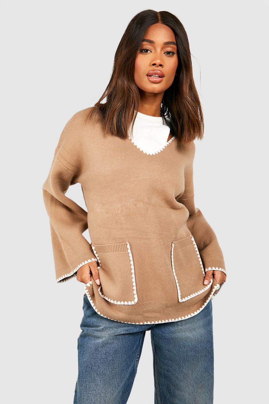 Taupe Contrast Stitch Jumper image number 1
