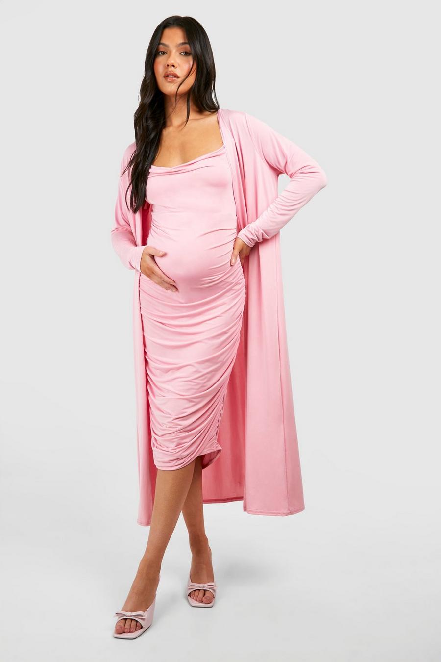 Pink Maternity Strappy Cowl Neck Dress And Duster Coat