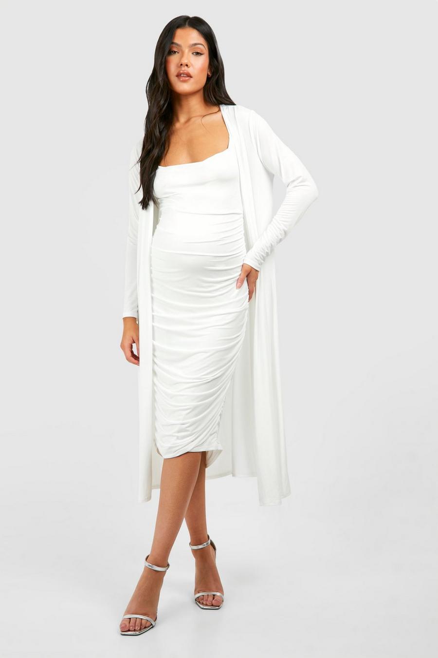 White Maternity Strappy Cowl Neck Dress And Duster Coat