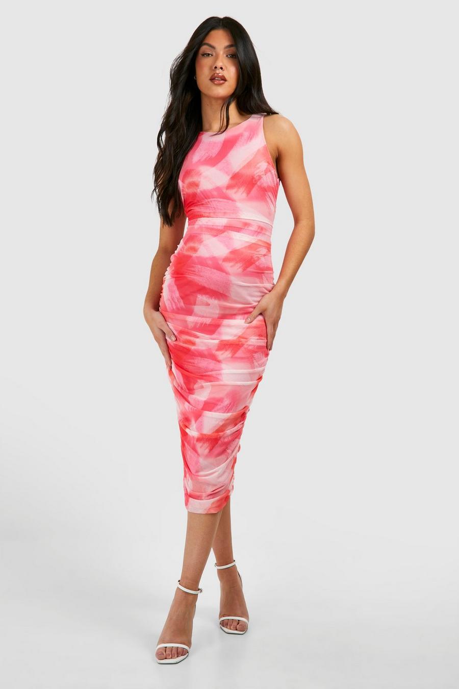Pink Maternity Abstract Mesh Ruched Midi Dress image number 1