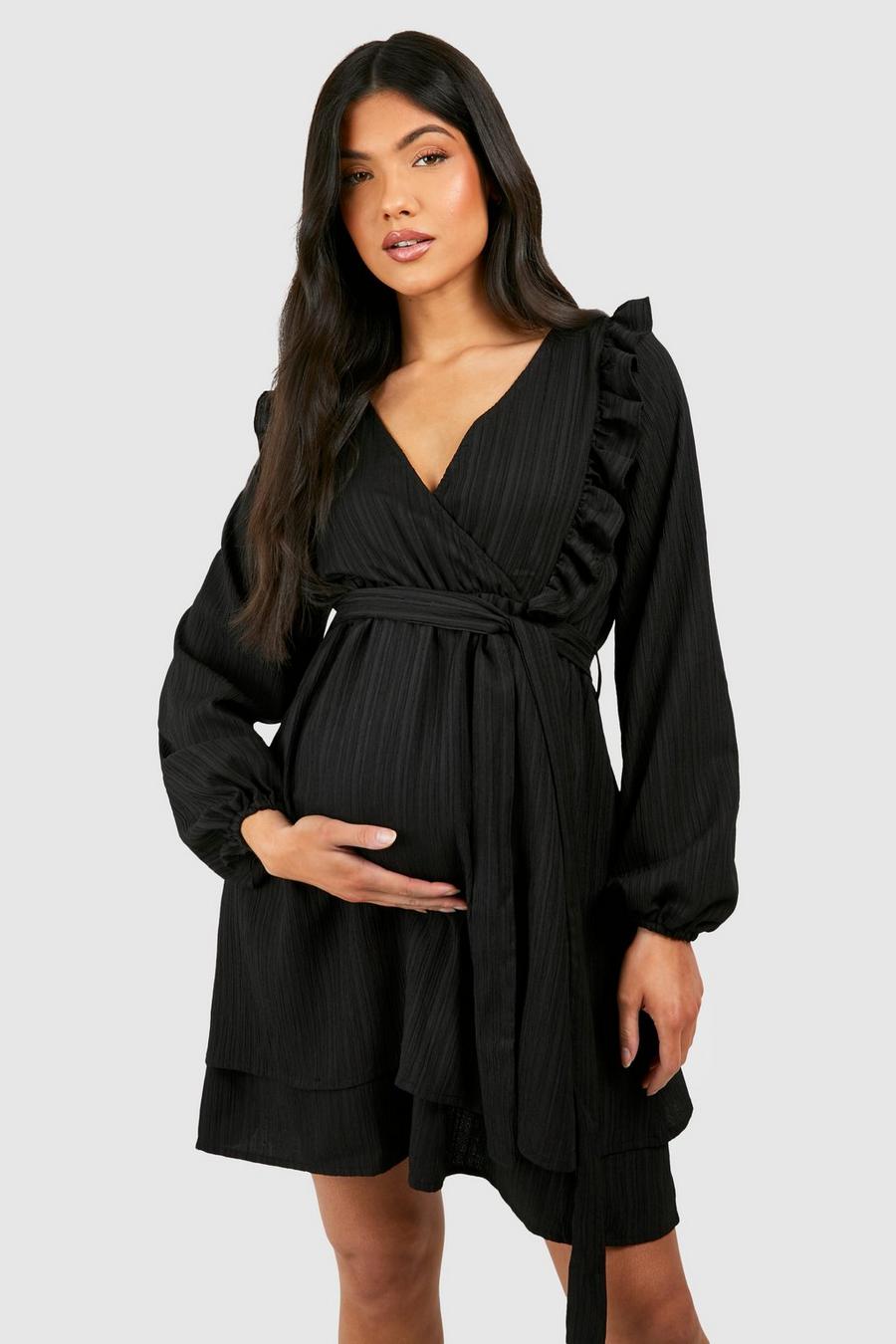Black Maternity Textured V Neck Belted Skater Dress image number 1