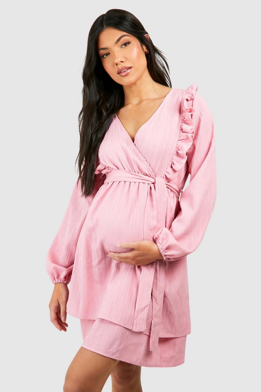 Maternité - Robe de grossesse texturée à col V et ceinture, Blush image number 1