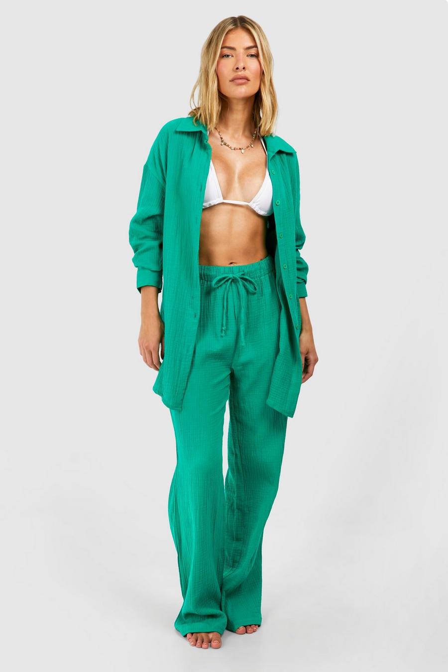 Green Crinkle Cotton Wide Leg Beach Pants image number 1