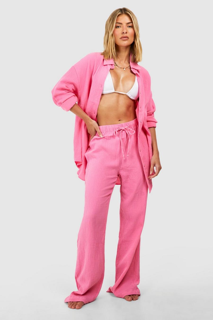 Pink Crinkle Cotton Wide Leg Beach Pants image number 1