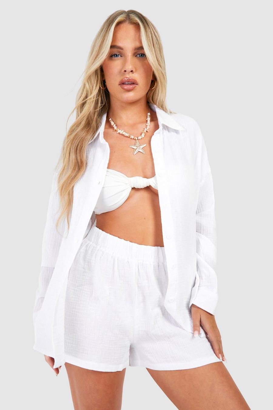White Crinkle Cotton Shirt & Short Beach Co-ord image number 1