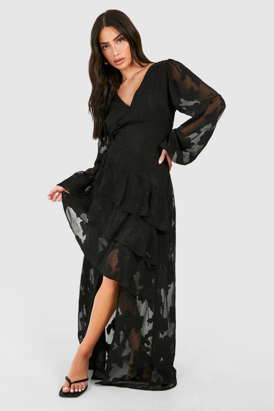 Black Petite Burnout Floral Frill Detail Maxi Dress