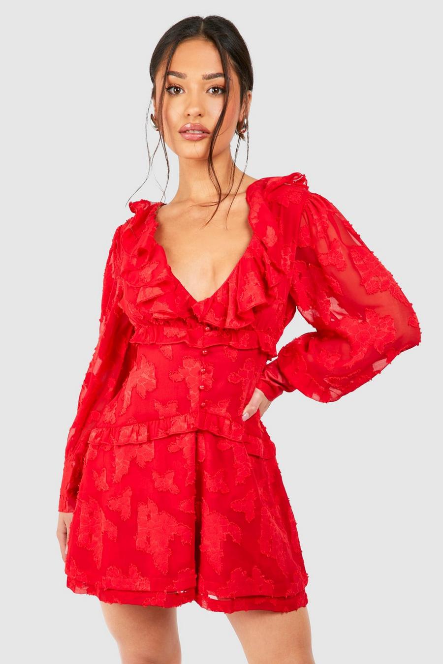 Red Petite Burnout Button Down Romper image number 1