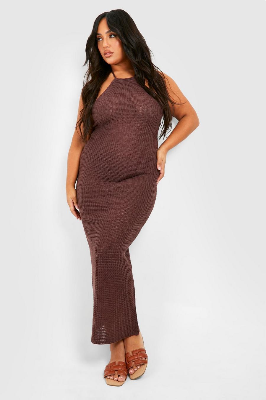 Chocolate Plus Gehaakte Maxi Jurk Met Halter Neck