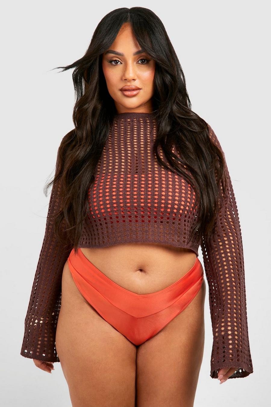 Top Plus Size extra comodo all’uncinetto con maniche svasate, Chocolate image number 1