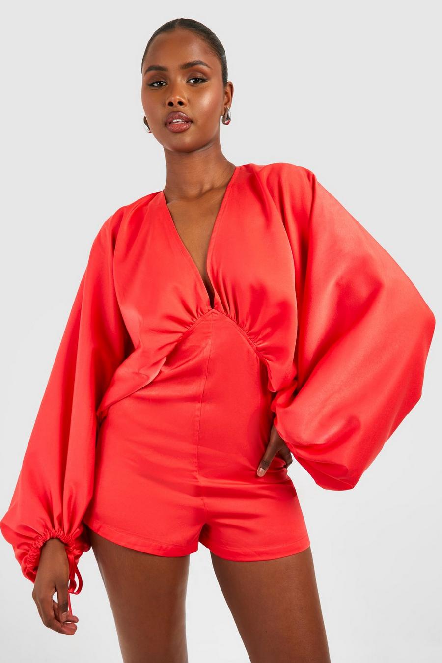 Cherry Matte Satin Extreme Sleeve Romper image number 1