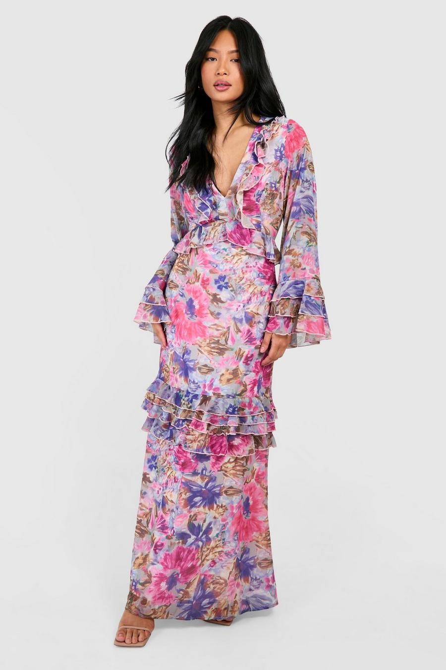 Pale pink Petite Floral Ruffle Flare Sleeve Woven Maxi Dress  image number 1