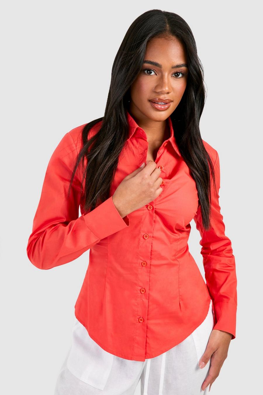 Red Cotton Poplin Shaped Waist Shoulder Pad Shirt