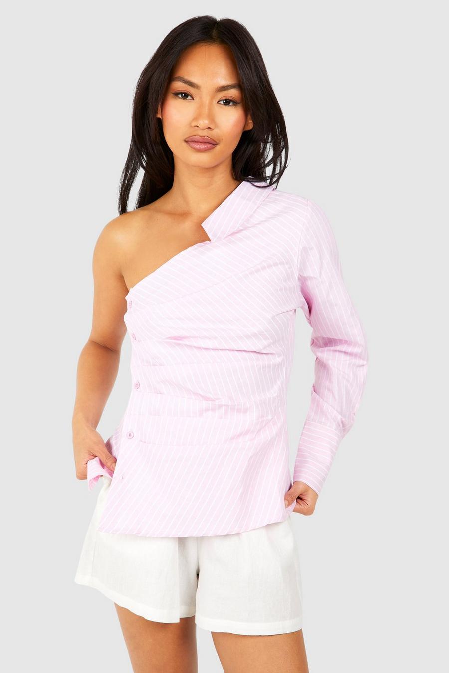Langärmliges asymmetrisches gestreiftes Hemd, Baby pink