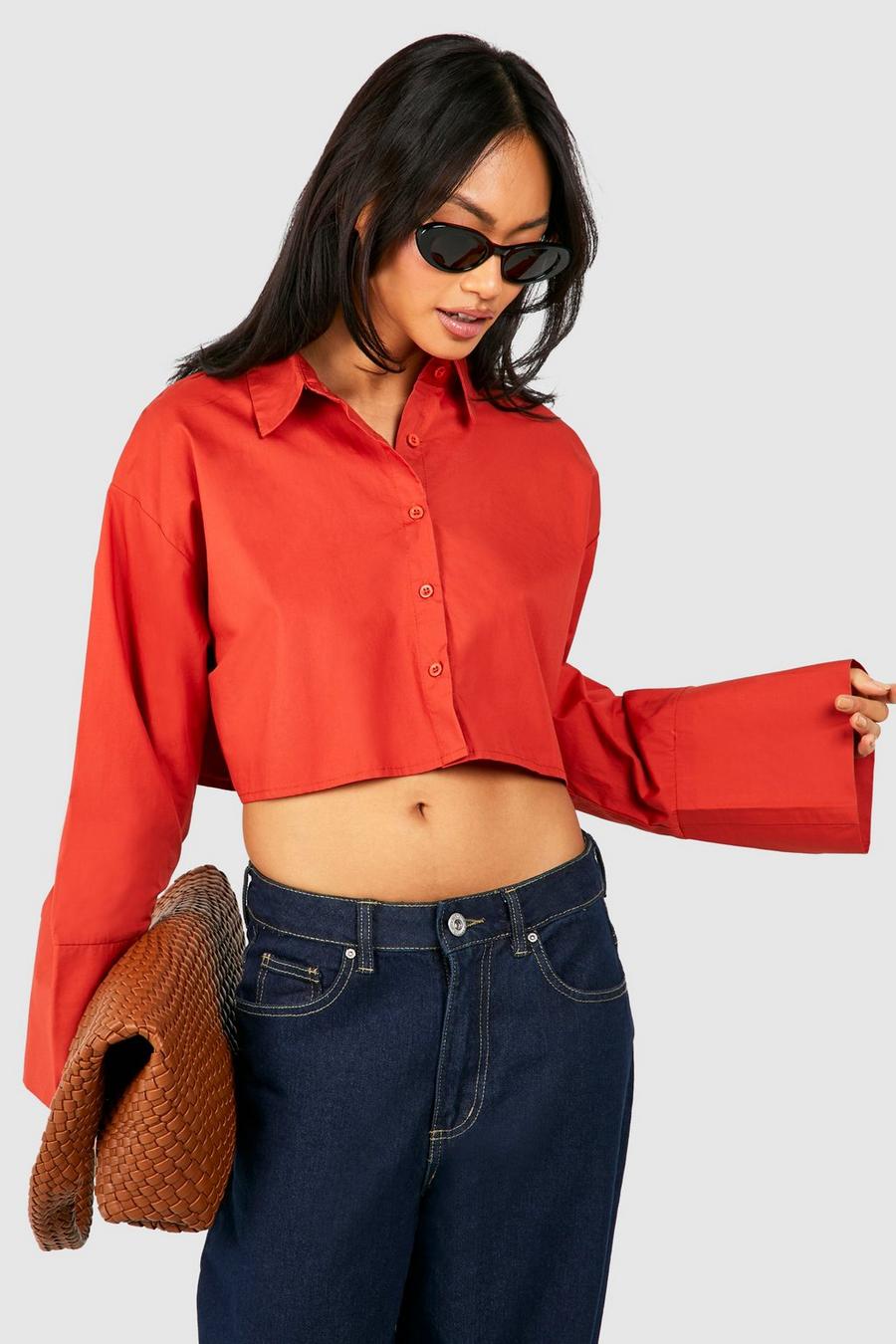 Camisa crop recta de algodón popelina, Terracotta