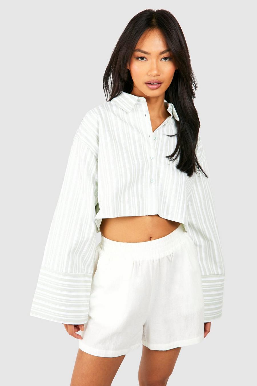Pale green Striped Wide Sleeve Crop Shirt  image number 1