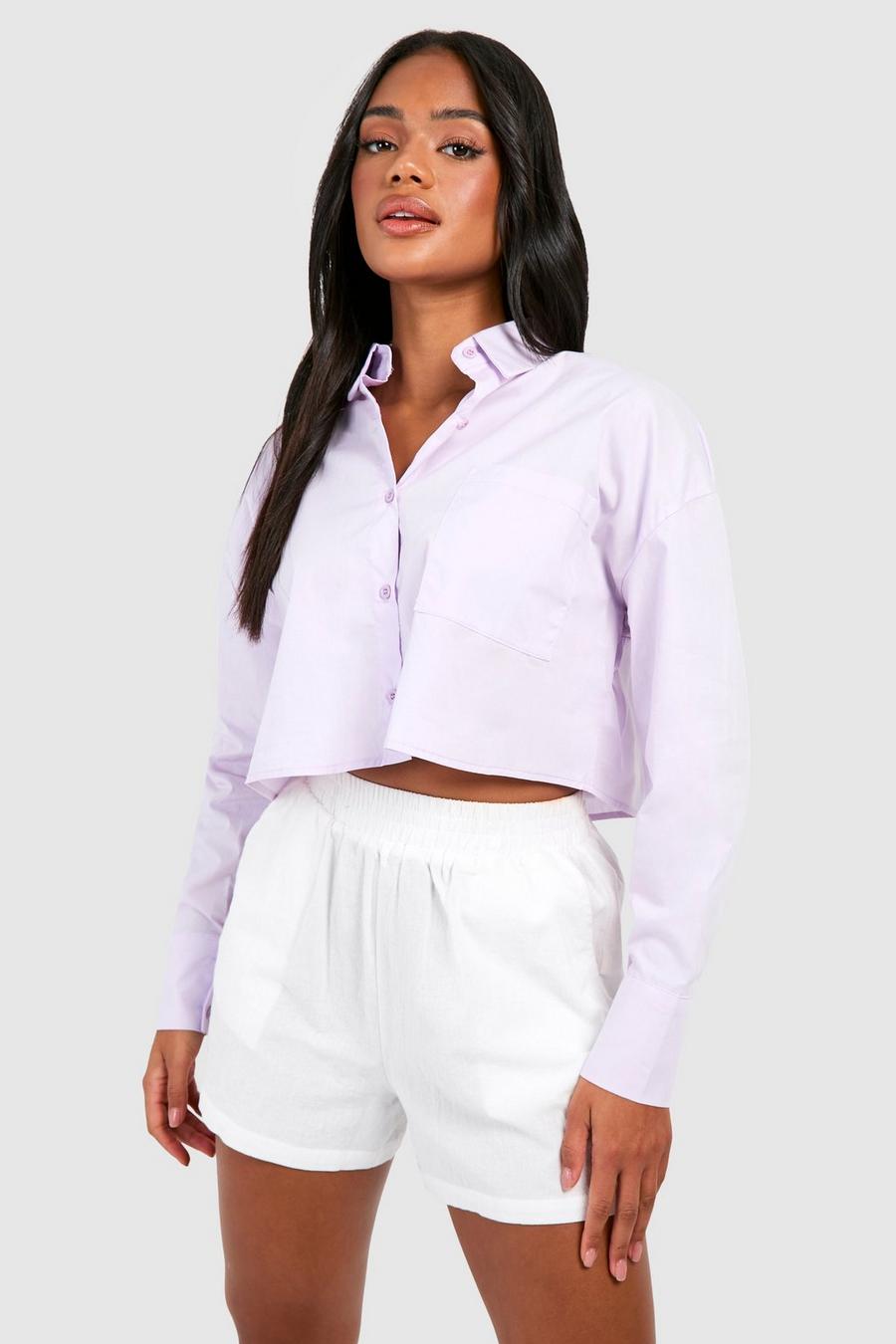 Camicia squadrata corta in cotone popeline, Lilac