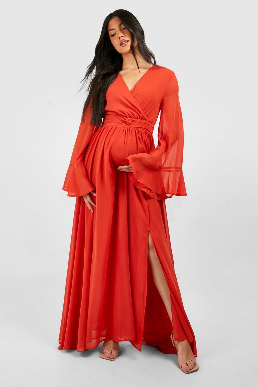 Vestito maxi Premaman in chiffon con maniche svasate, Coral