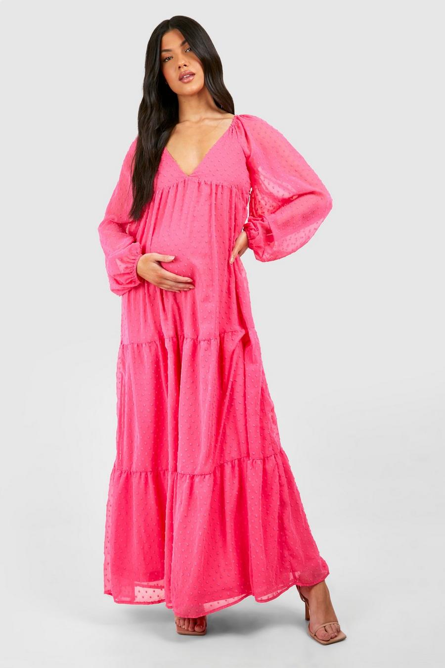 Pink Maternity V Neck Tiered Dobby Maxi Dress