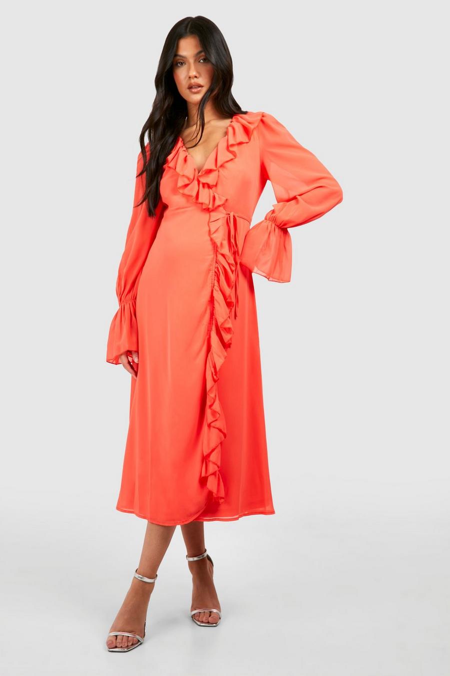 Coral Maternity Chiffon Ruffle Wrap Midi Dress