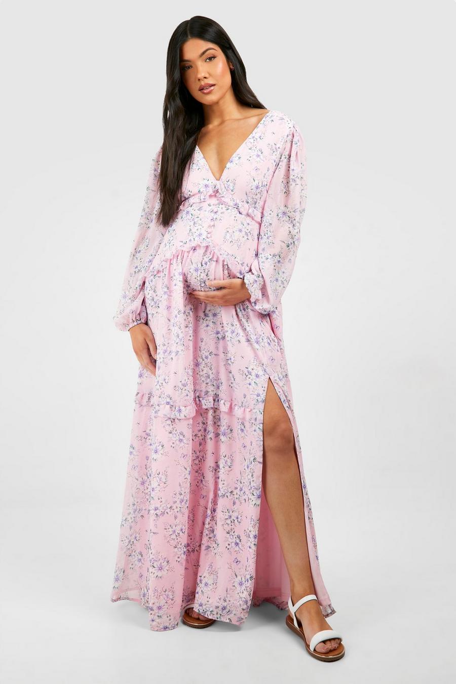 Light pink Maternity Floral Print Side Split Maxi Dress