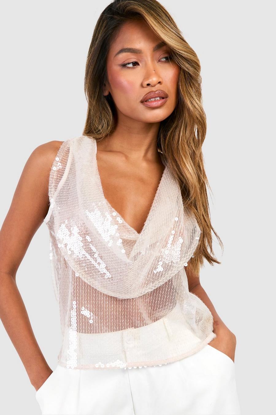 Camisola de lentejuelas transparente con escote plisado, Nude