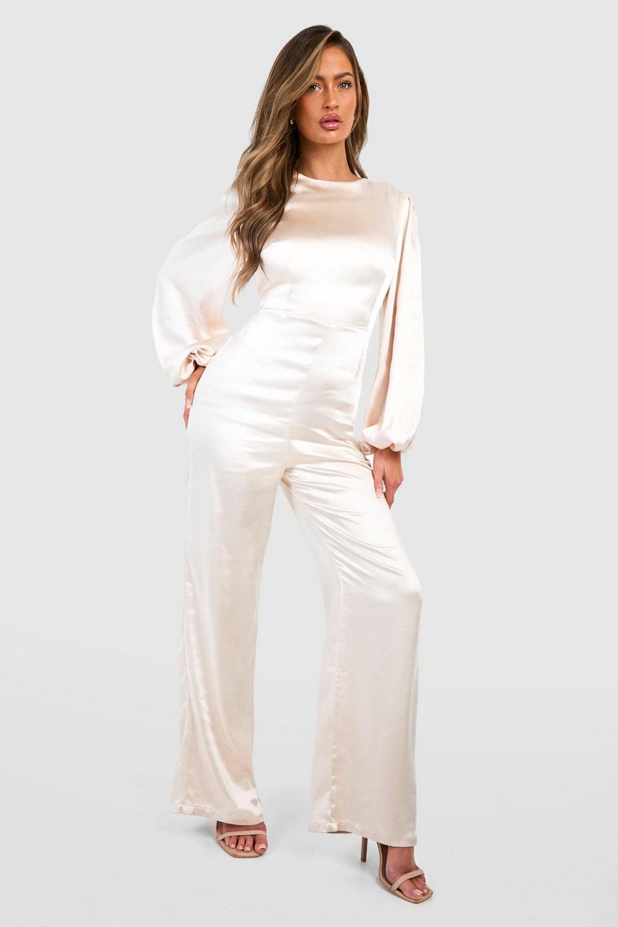 Cream Bridesmaid Satin Blouson Sleeve Jumpsuit