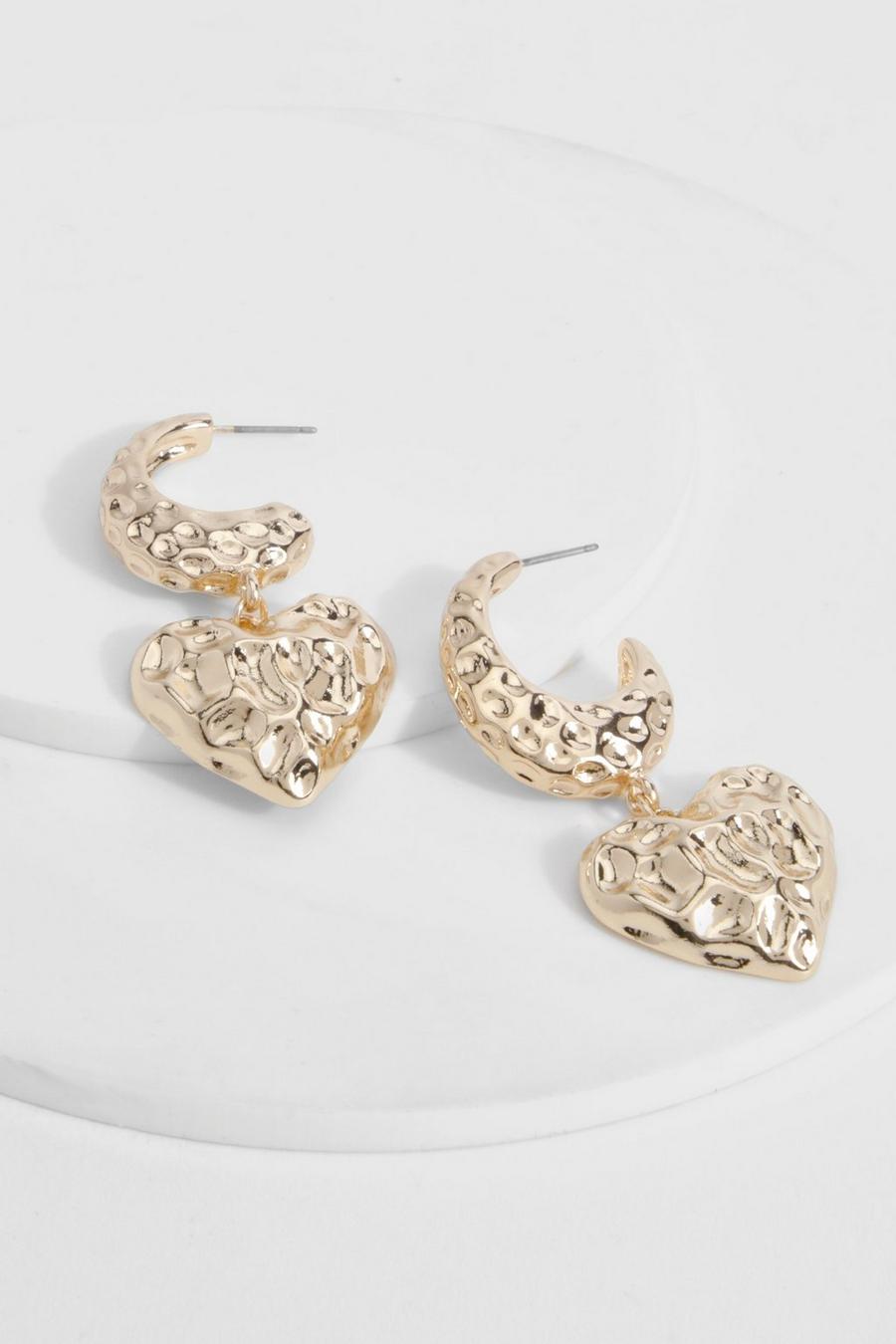 Gold Hammered Heart Hoop Earrings