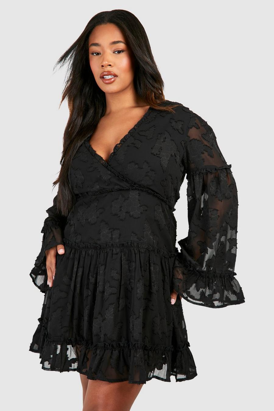 Black Plus Woven Jaquard V Front Frill Mini Dress 