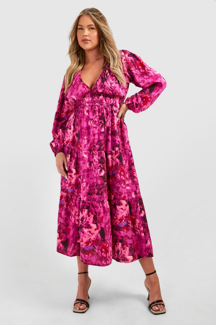Purple Plus Woven Floral Print Long Sleeve V Neck Midi Dress