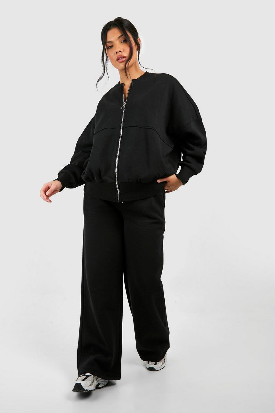 Black Maternity Zip Through Bomber Straight Leg Tracksuit