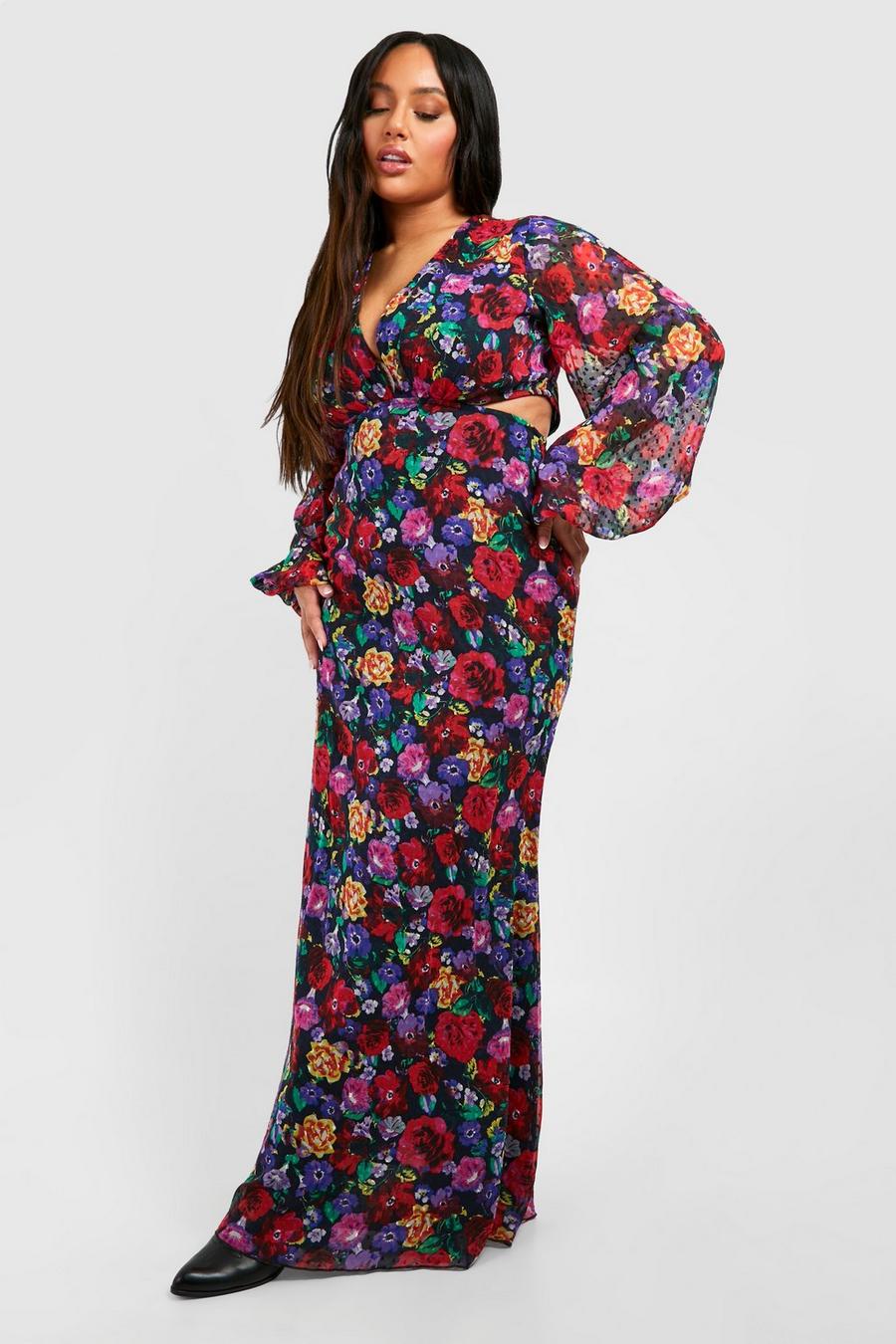 Multi Plus Floral Print Dobby Mesh Cut Out Maxi Dress  image number 1