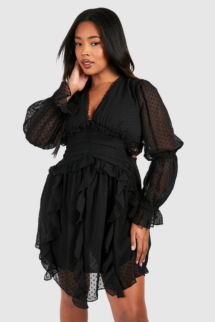 Black Plus Dobby Mesh Long Sleeve Plunge Mini Dress 