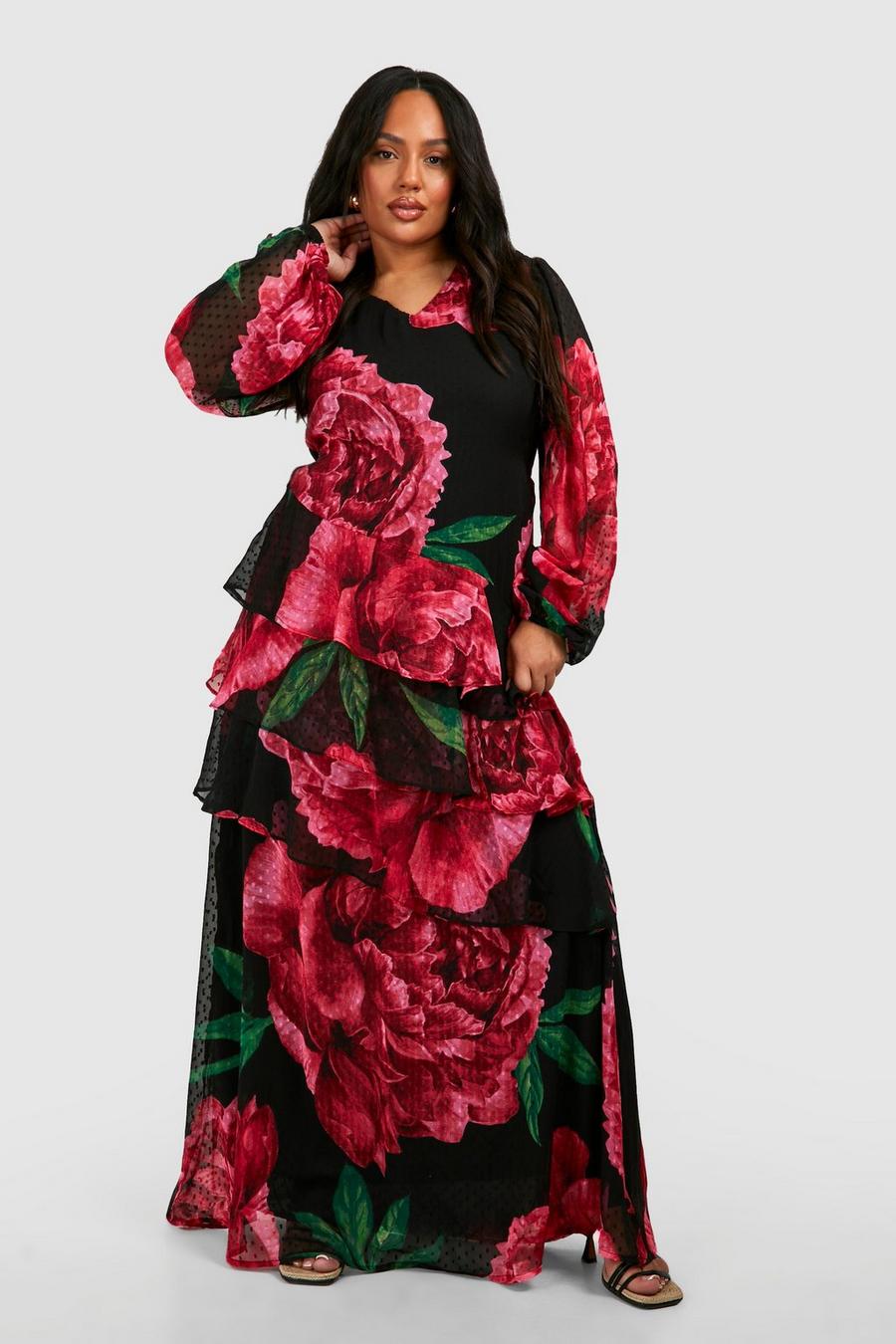 Vestito maxi Plus Size a maniche lunghe in rete plumetis con stampa a fiori e arricciature, Black image number 1