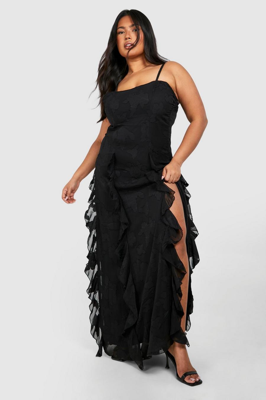Black Plus Woven Jaquard Ruffle Detail Strappy Maxi Dress 