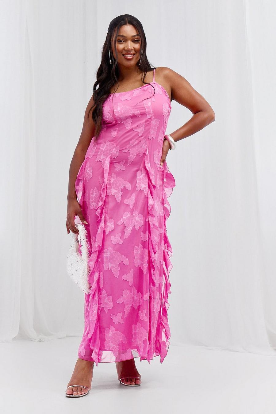 Hot pink Plus Woven Jaquard Ruffle Detail Strappy Maxi Dress  image number 1