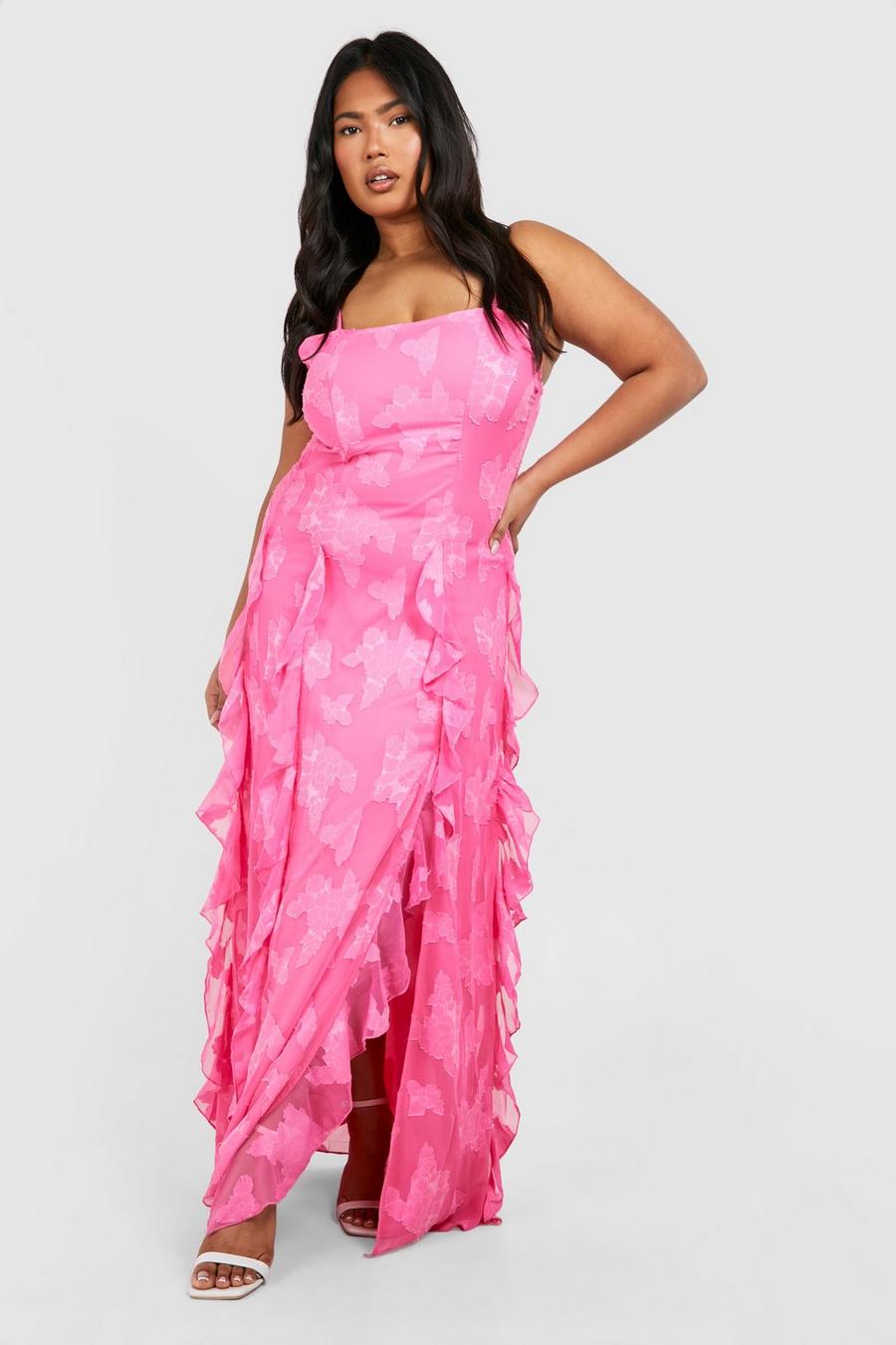 Plus Woven Jaquard Ruffle Detail Strappy Maxi Dress , Hot pink