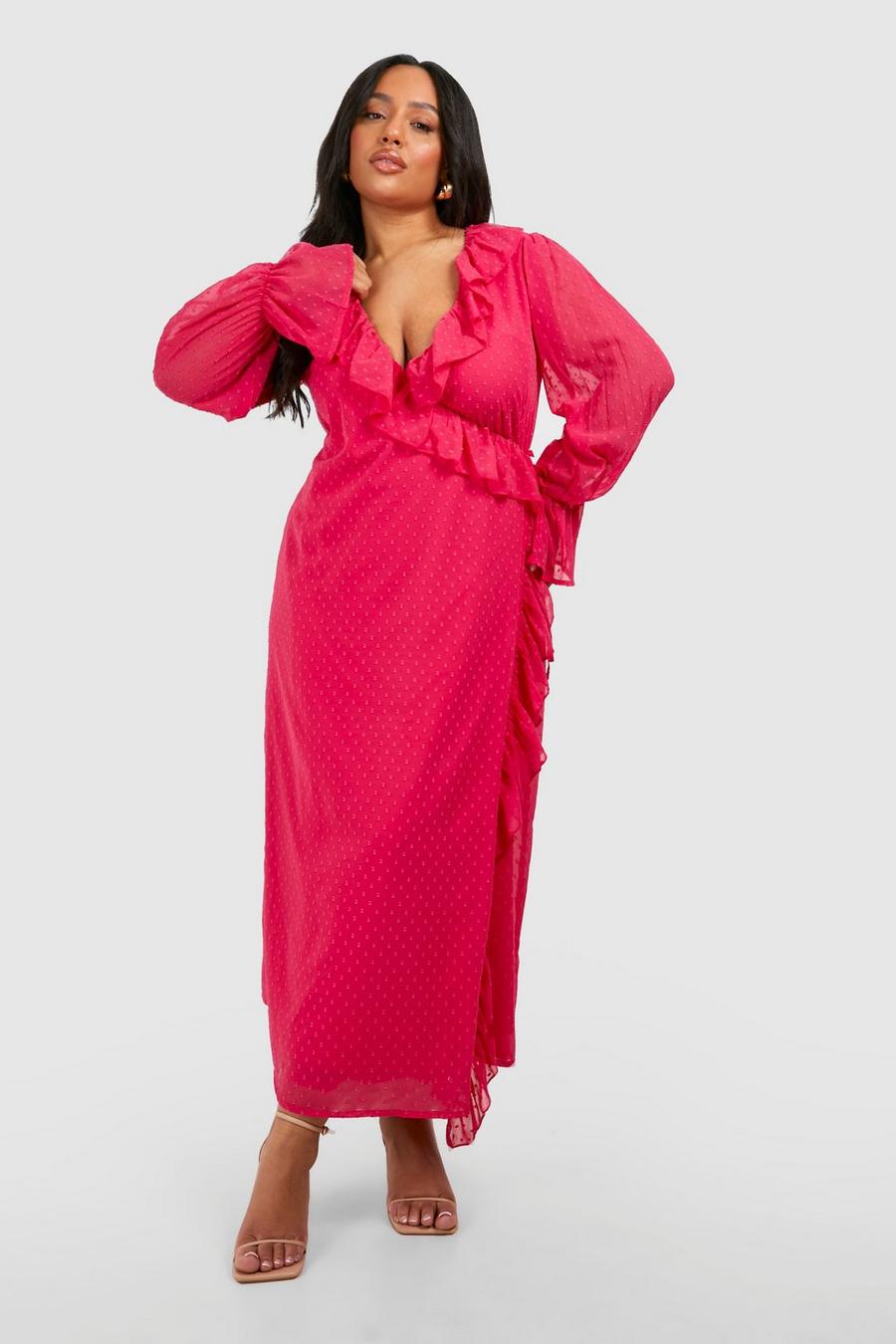 Hot pink Plus Dobby Mesh Ruffle Detail Long Sleeve Wrap Dress 