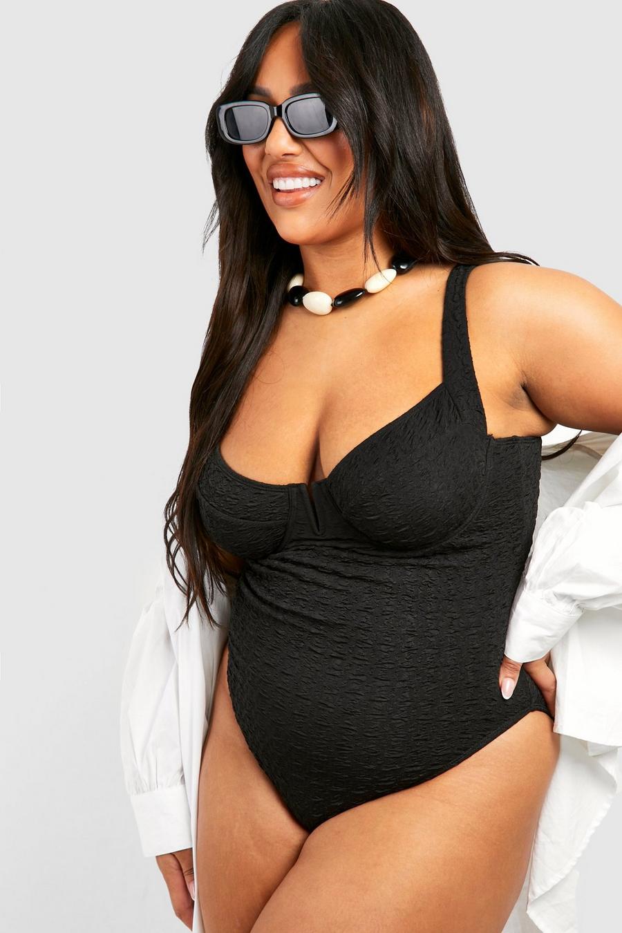 Black Plus Textured V Bar Cupped Swimsuit