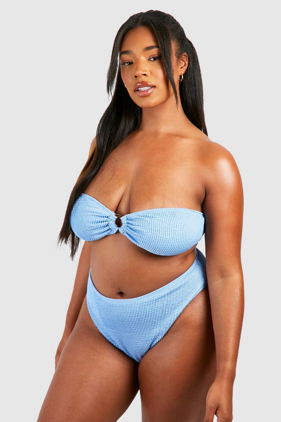 Baby blue Plus Crinkle O Ring High Waisted Bandeau Bikini 