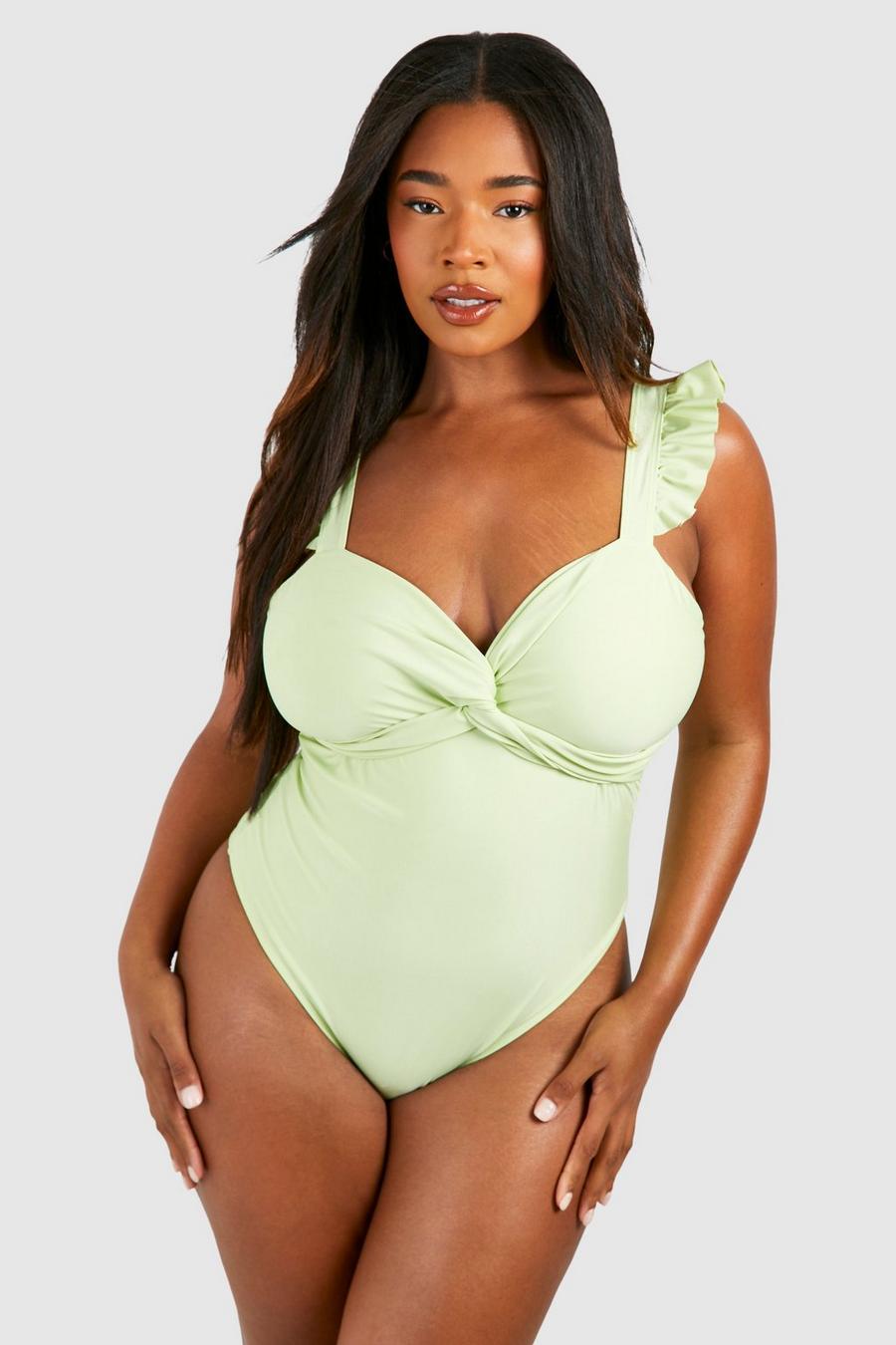 Green Plus Knot Front Frill Should Swimsuit  image number 1