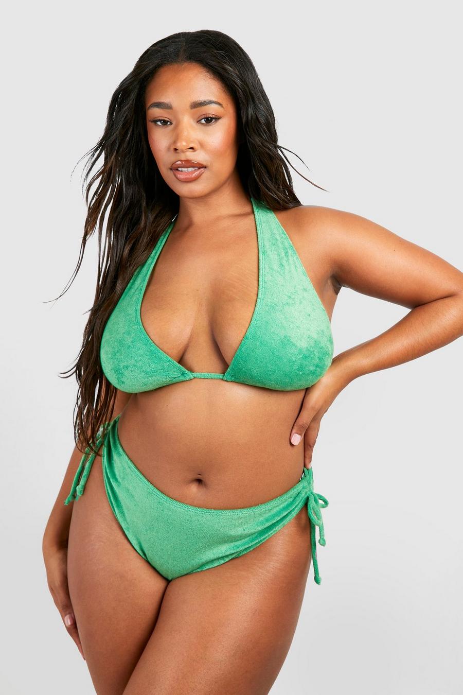 Top bikini Plus Size allacciato al collo in spugna a coste, Green image number 1