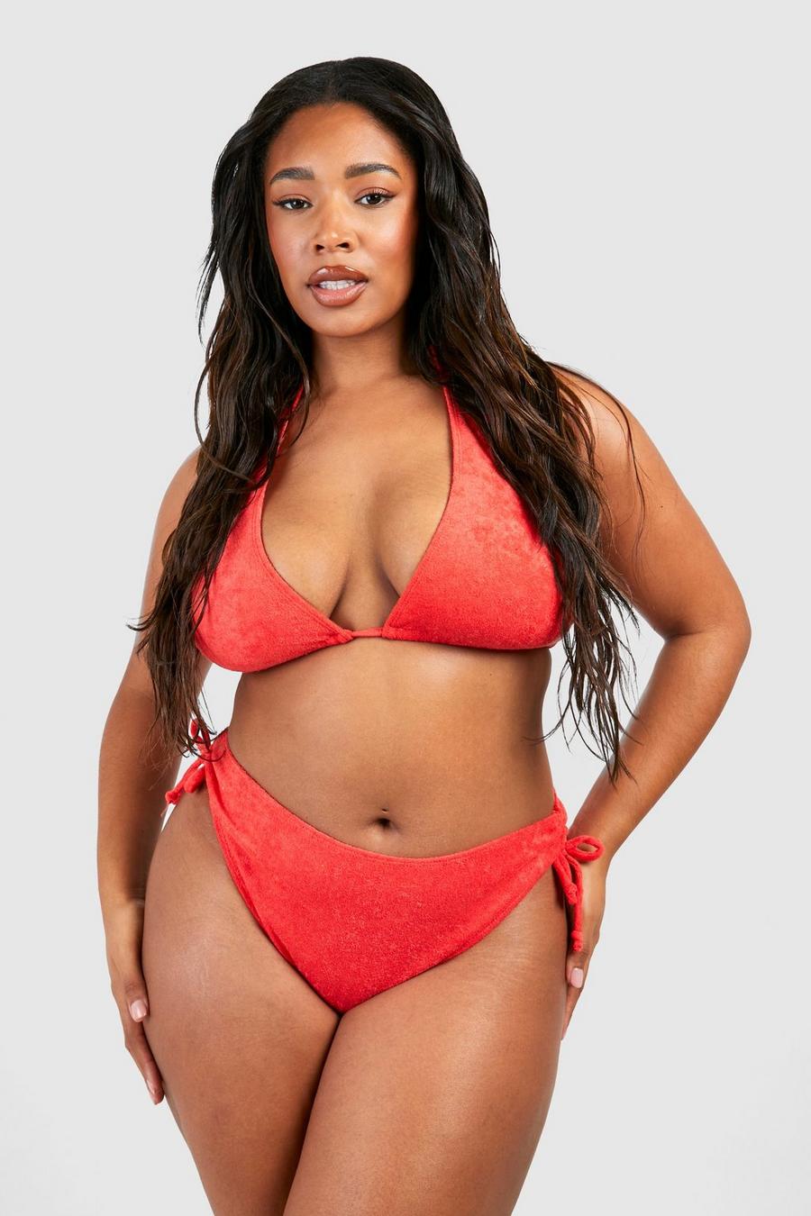 Slip bikini Plus Size a vita alta in spugna a coste, Red