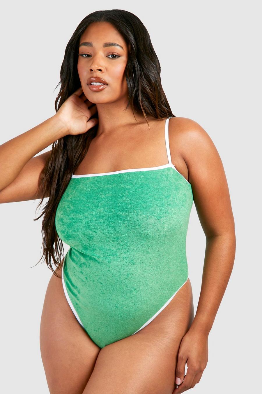 Plus gerippter Frottee-Badeanzug mit geradem Ausschnitt, Green