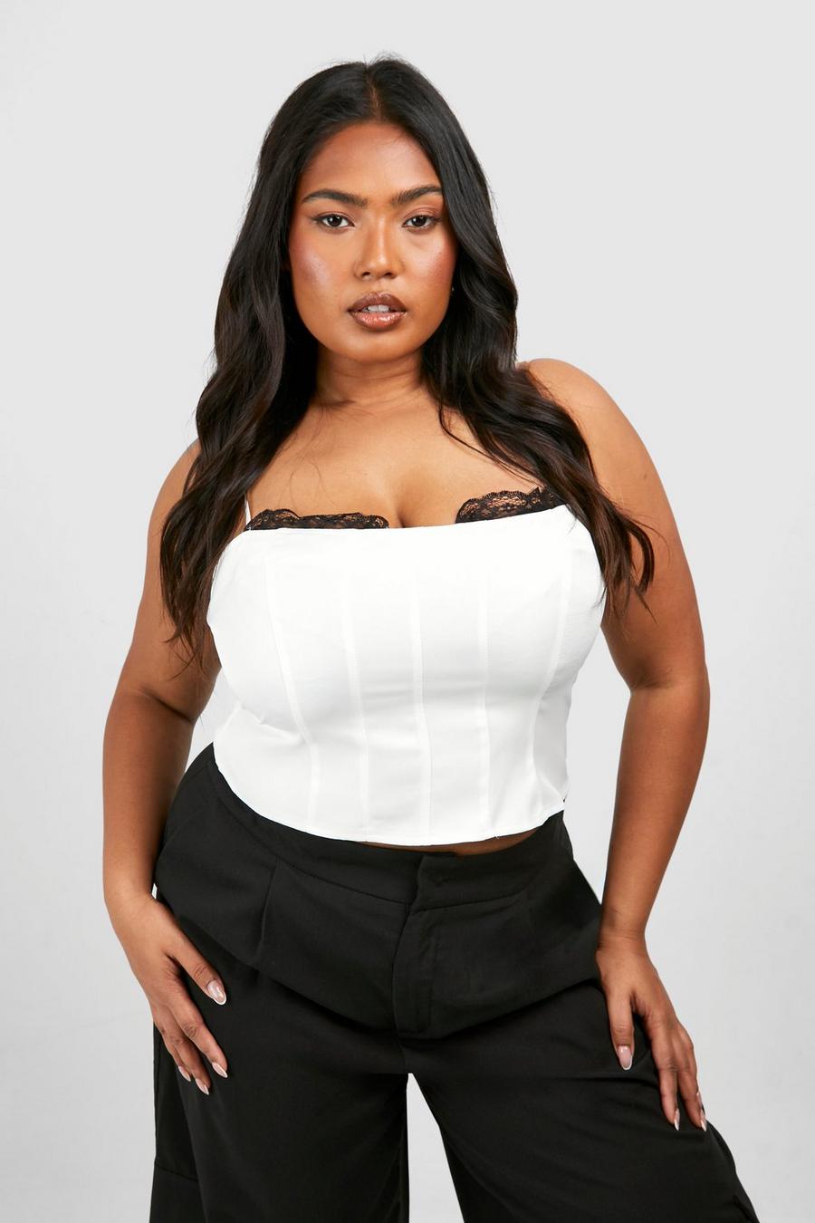 White Plus Contrast Lace Corset Top image number 1