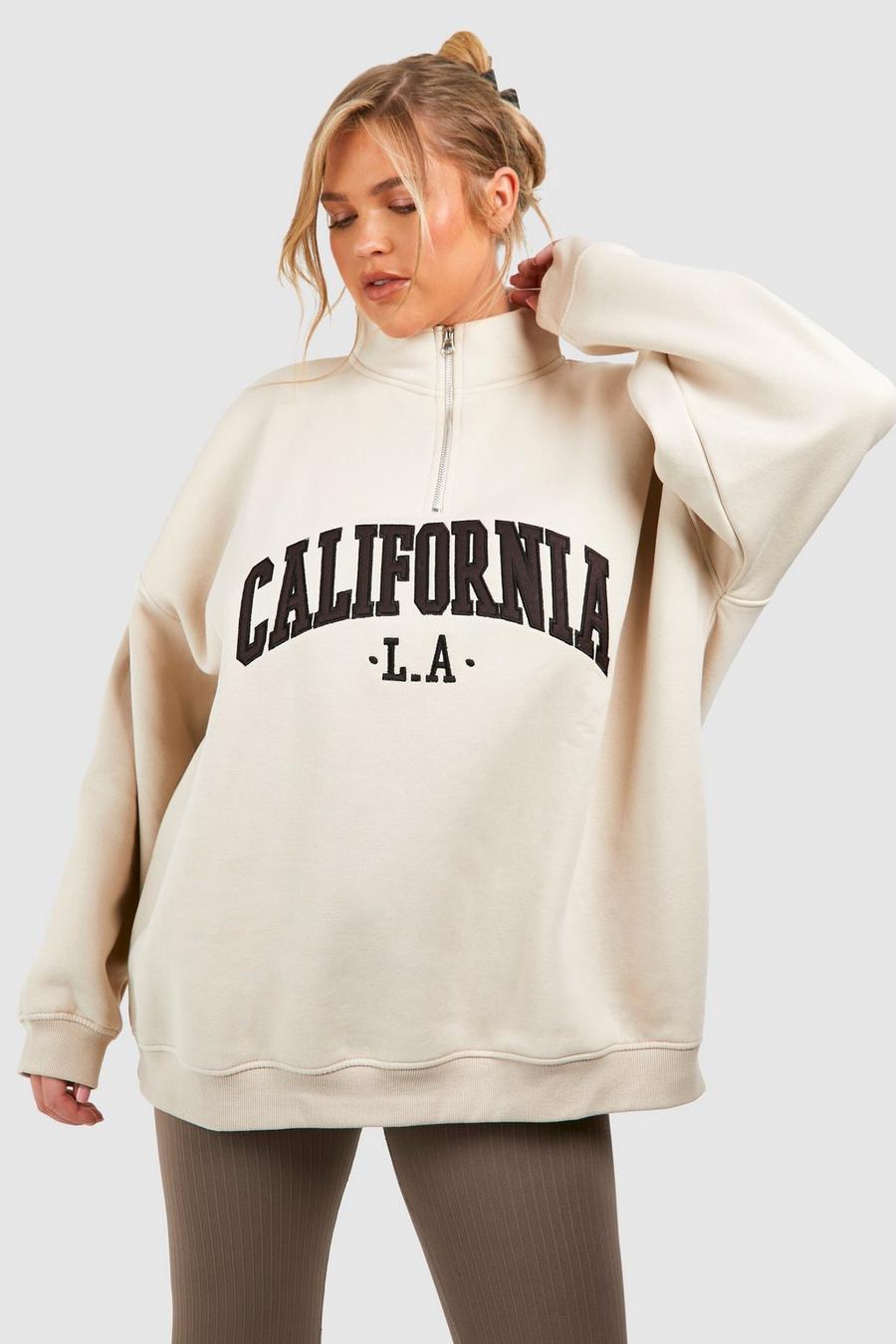 Plus Sweatshirt mit California-Applikation und halbem Reißverschluss, Stone