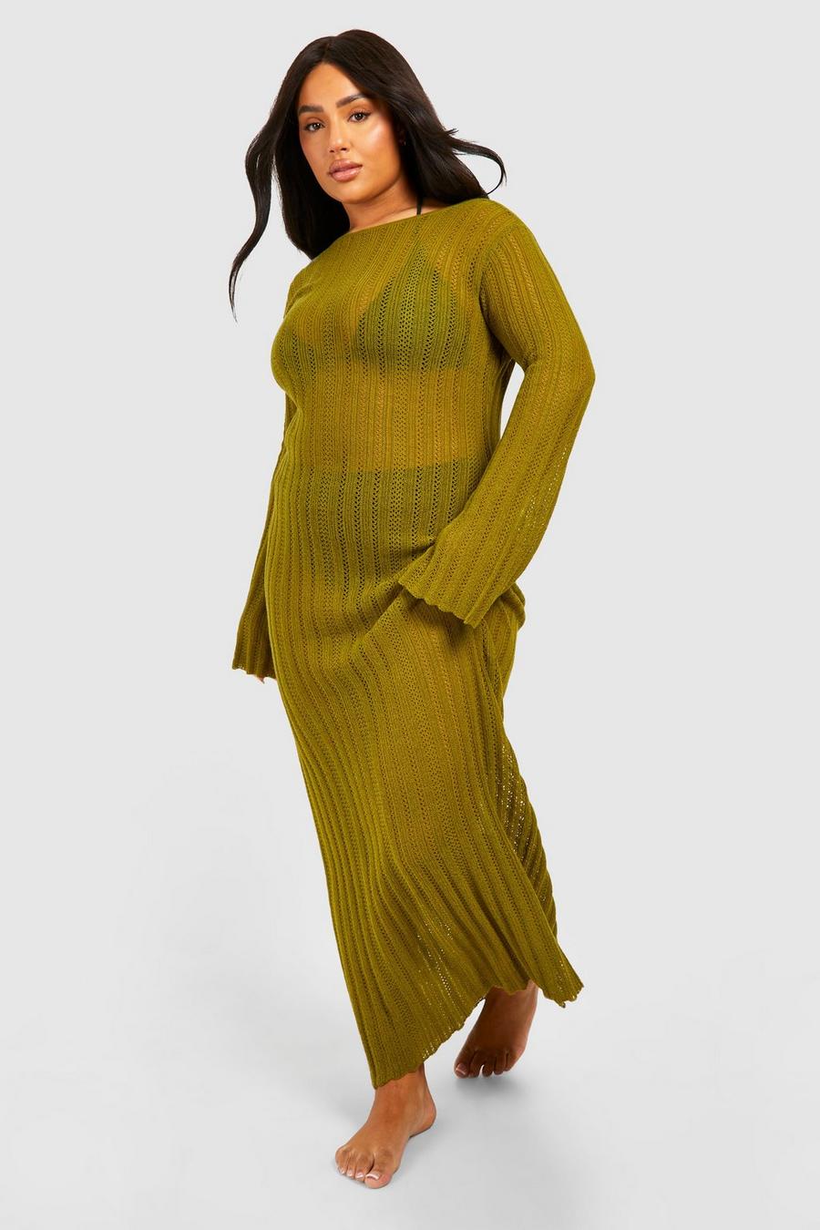 Khaki Plus Crochet Flare Sleeve Scoop Back Knitted Dress