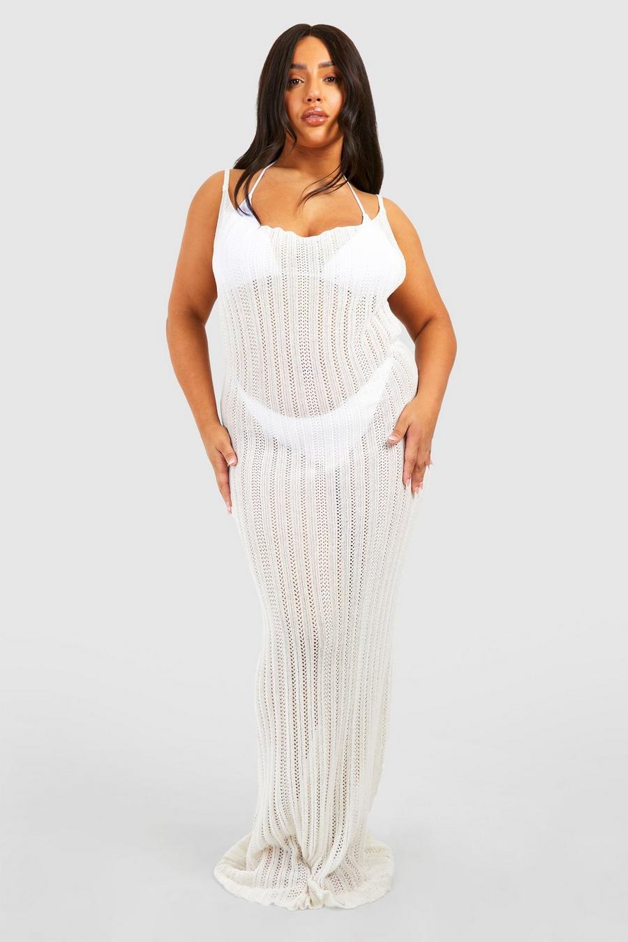Ivory Plus Crochet Ladder Cowl Neck Knitted Maxi Dress